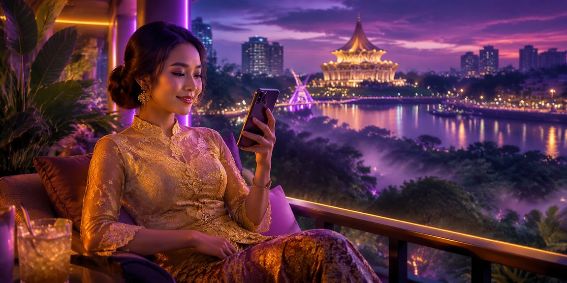 Wanita berkebaya menggunakan telefon untuk akses kasino mudah alih dy90 di Kuching Sarawak